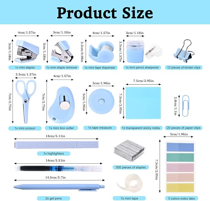 Mini Office Supply Kit, Blue Stapler with Staples and Tape Dispenser Set, Mini Stationary Kit Includes Sticky Notes Index Tabs Highlighters Gel Pens for Office & School (Blue)