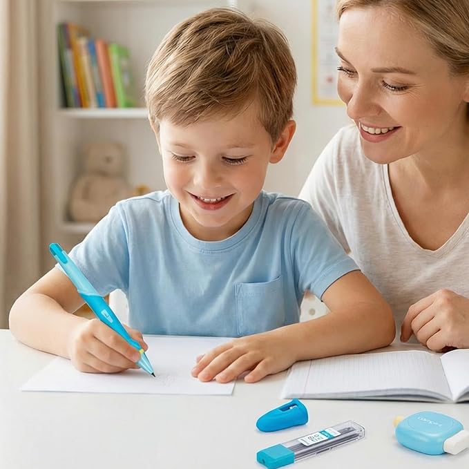 Ergonomic Pencil Set, 2.0mm HB Mechanical Pencils for Kids, School Supplies Include Sharpener, Eraser & 6 Extra Leads – Handwriting Aid for Preschool, Kindergarten, Homes, Blue, L
