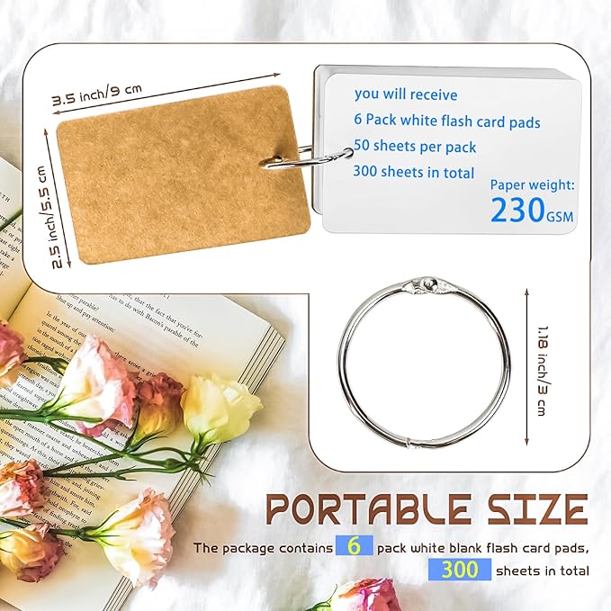 300 Pcs Flash Cards 2x3 Inch Index Cards with Ring Lined Note Card Bood Flashcards, Mini Blank Flash Cards 2x3 White Card Pad Index Note Bood 2 x 3 Notecards for Studying School Supply College