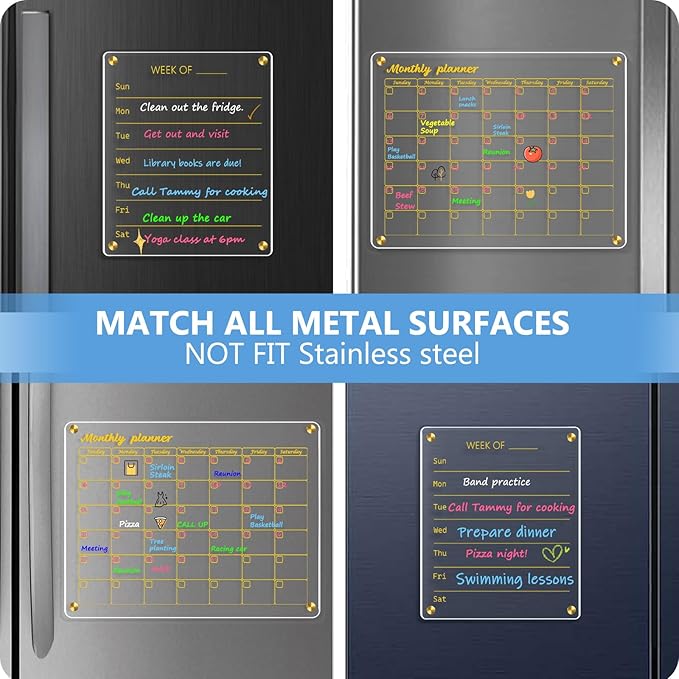 WALGLASS Acrylic Calendar for Fridge, 8.5"x11" Gold Weekly Clear Acrylic Magnetic Dry Erase Board for Refrigerator, Set of 2 Stronger-Magnetic Reusable Fridge Planner, Includes 8 Liquid Chalk Markers