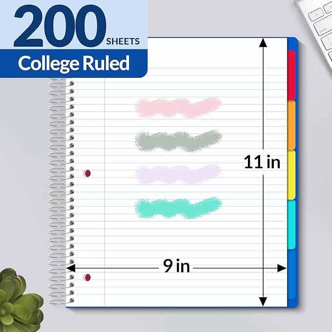 SUNEE 5 Subject Notebook College Ruled - 400 Pages, 9"x11", 5 Pocket Colored Dividers, 3-Hole Punched Paper, Blue