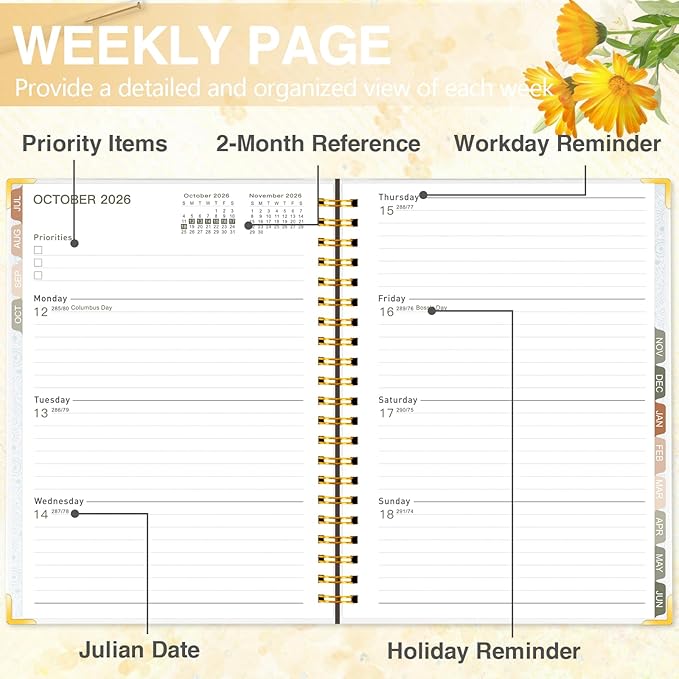 GuassLee 2026-2027 Academic Planner, Weekly and Monthly Hardcover Planner from Jul 2026-Jun 2027, 8.4"x 6.1" Dasiy Daily Agenda Planning Book with Pocket, Stickers, Tabs for School Office Supplies, A5
