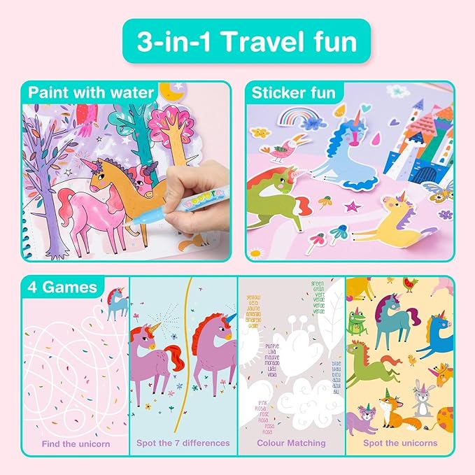 Avenir Reusable Water Coloring Book for Toddlers 3-5 – Mess-Free Paint-with-Water Travel Toy Airplane Activities Road Trip Quiet Book, Water-Reveal Activity Pad, 3-in-1 Creative Set