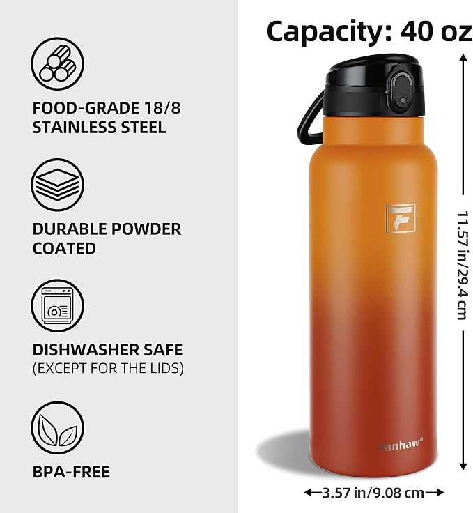 Fanhaw 40 Oz Insulated Stainless Steel Water Bottle with Chug Lid – Wide Mouth, Leak-Proof, BPA-Free – Ideal for Kids, Adults, Sports, Gym, and Outdoor Use (Yellow Orange)