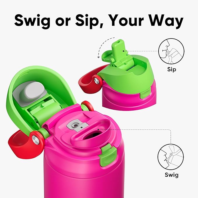 ENCOOL Leakproof Insulated Water Bottle with Straw Dual-Sip Water Bottle Bag-Safe Design for Work, Commute & Gym – Keeps Drinks Cold All Day, 24 oz, Neon Pink