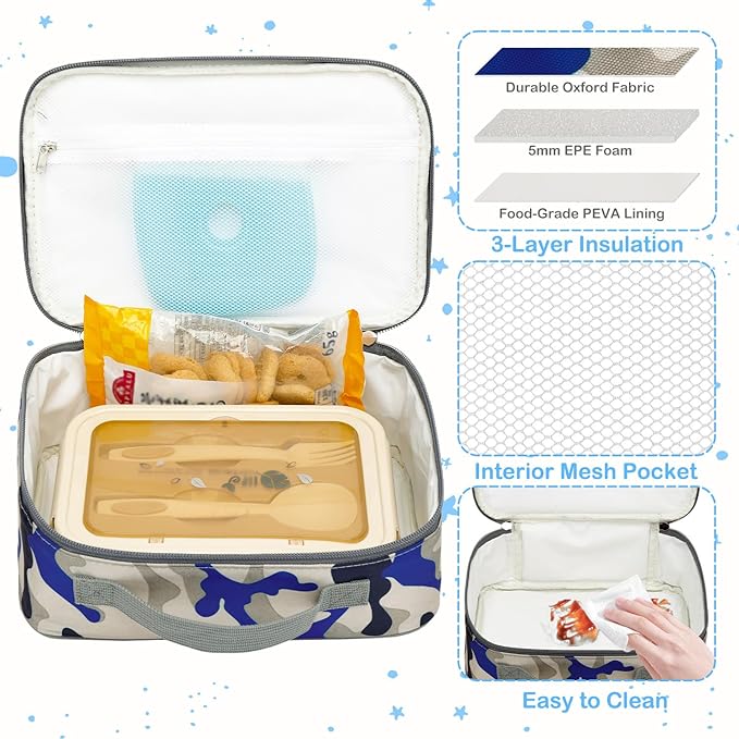 FlowFly Kids Lunch box Insulated Soft Bag Mini Cooler Back to School Thermal Meal Tote Kit for Girls, Boys,Blue Camo