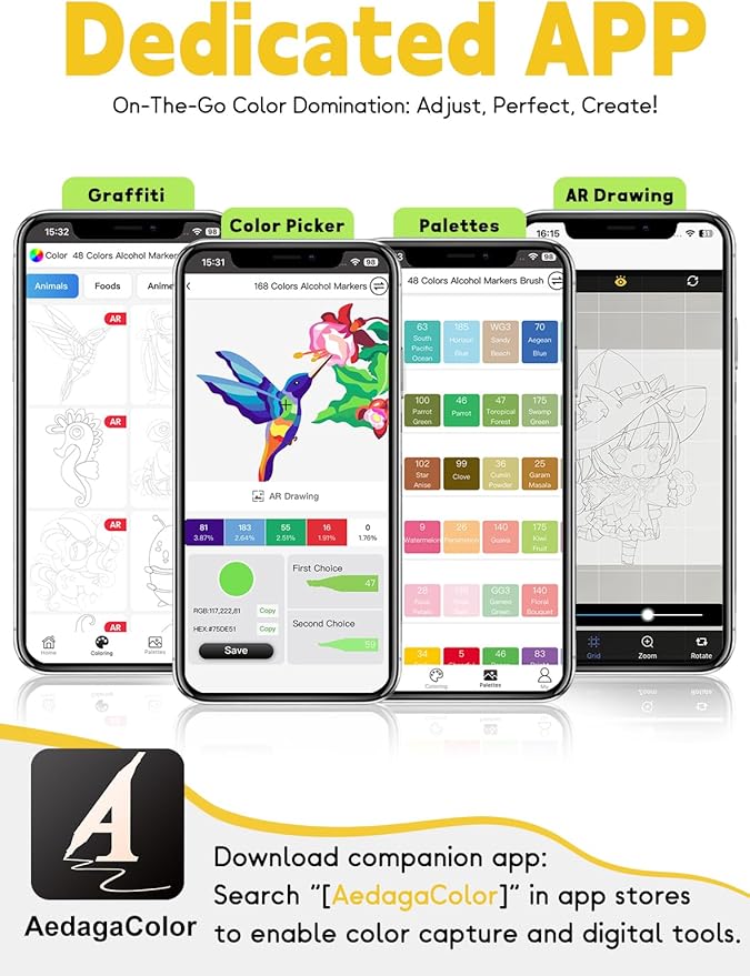 YHC 48 Colors Alcohol Markers Brush Tip with Free App, Chen Rui Series Chisel & Brush Tips Alcohol Brush Markers for Adults Coloring, Drawing, Painting, Illustration, Sketching