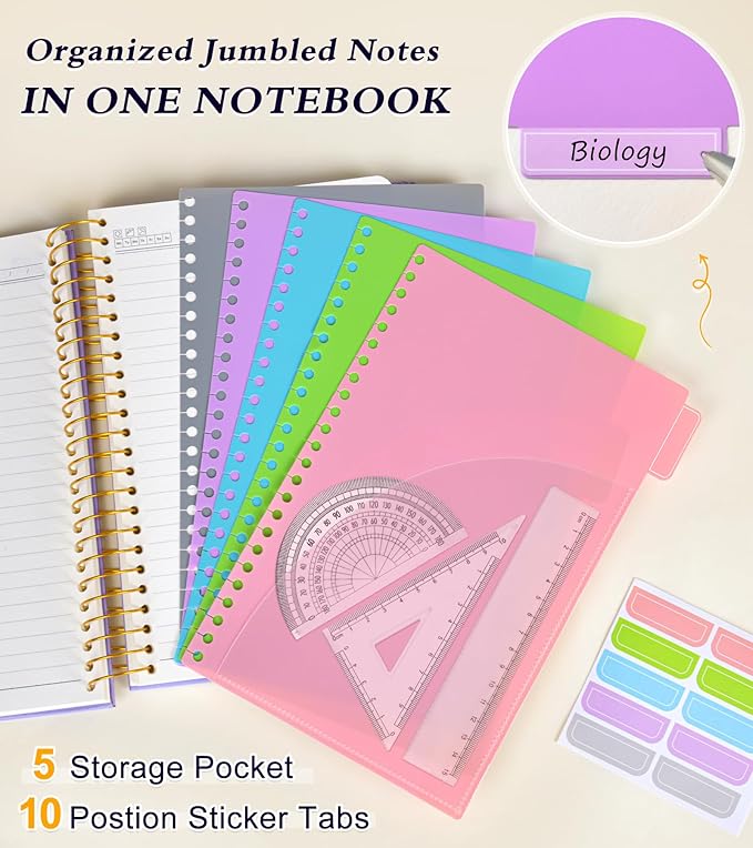 5 Subject Notebook College Ruled with Removable Pocket Dividers Tabs, 240 Pages Spiral Notebook 8.5 x 11, Lined Journal Notebook for Women , Hardcover Notebooks for Work School Note taking A4 Purple