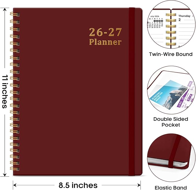 Planner 2026-2027, 8.5" x 11" Weekly and Monthly Academic Year Planner Calendar, July 2026 - June 2027, Hardcover Large School Planning Agenda With Tabs, Perfect for School & Office Supplies, A4, Burgundy