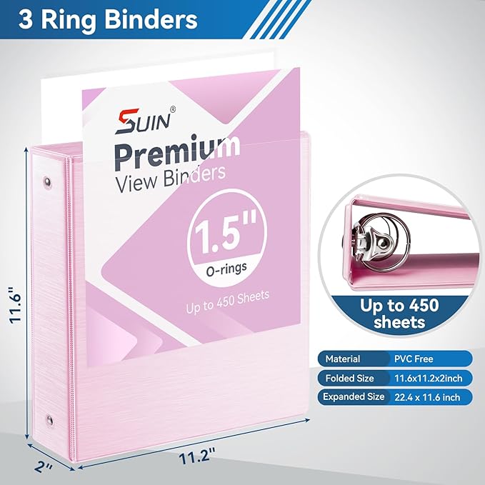 SUIN 1.5-Inch 3-Ring Binder with 2 Interior Pockets, Brushed Texture View Binders Assorted Colors, Holds 325 Sheets School Office Home, 6 Pack