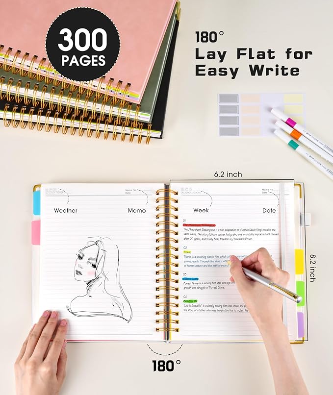 Hardcover Spiral Notebook journal with Removable Dividers Tabs, 300 Pages Leather 5 Subject Notebook College Ruled, 100GMS Notebooks for Work School Note taking,Lined Journal for Women,A5 White