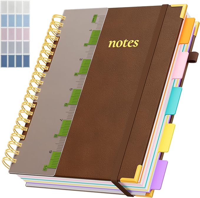 XYark A4 Hardcover Spiral Notebook, 8.5"x11" College Ruled Notebooks with Removable Dividers Tabs & Ruler, 5 Subject Notebook 300 Pages, Large Lined Journal for Women Men School Work Office, Brown