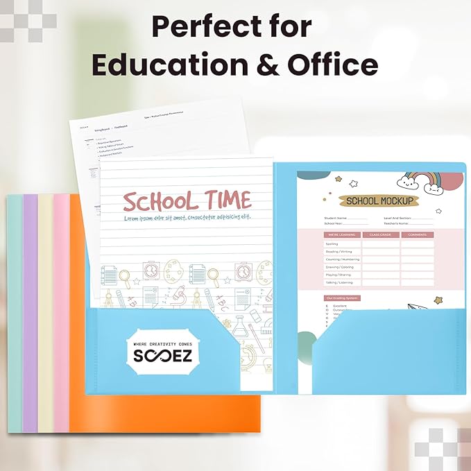Sooez 6Pack Folders with Pockets, Pocket Folders with Extra Labels, Plastic Folders with Pockets, 2 Pocket Folders Bulk, Heavy Duty File Folders, School Folders Business Folder Office Filing Supplies