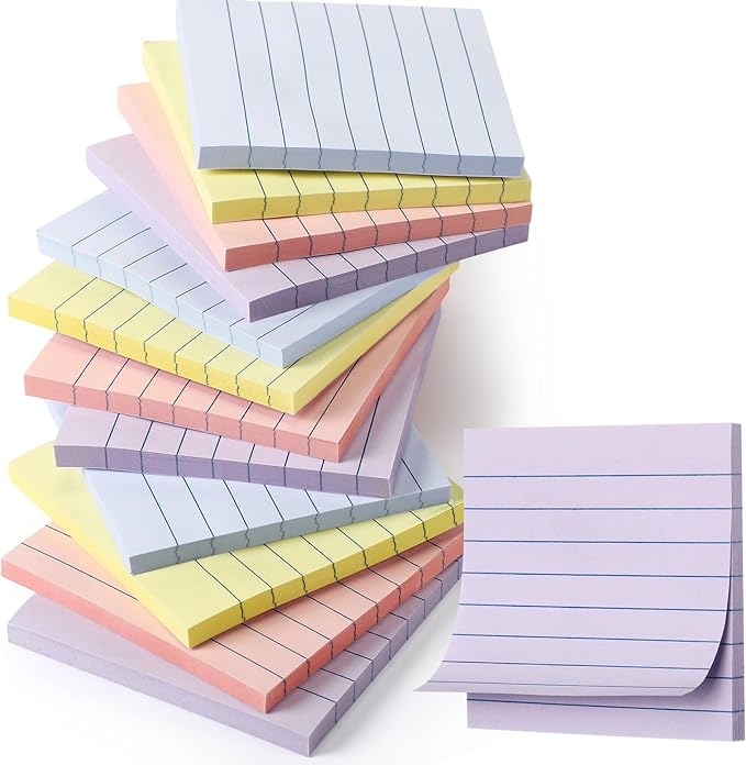 AmazingSpark 12 Pack Pastel Lined Sticky Notes 3x3 Inch Post Ruled Stickies Super Self Stick Power Memo Pads Multi Colors Notes Pads Vintage Aesthetic School Office Supplies Accessories