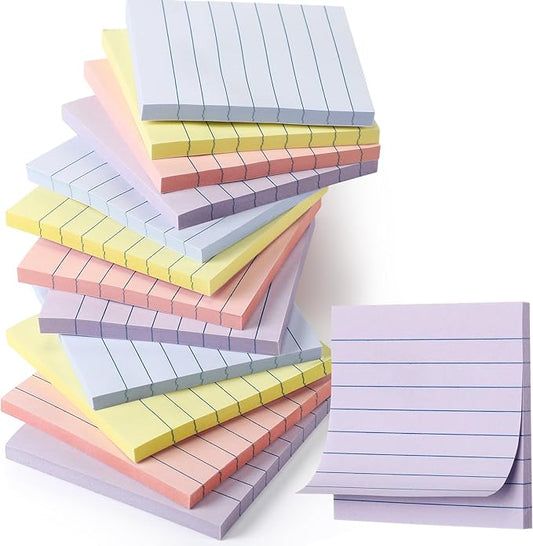 AmazingSpark 12 Pack Pastel Lined Sticky Notes 3x3 Inch Post Ruled Stickies Super Self Stick Power Memo Pads Multi Colors Notes Pads Vintage Aesthetic School Office Supplies Accessories