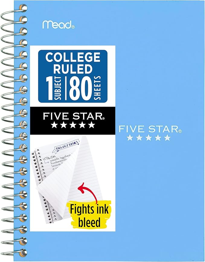 Five Star Spiral Notebook, 1 Subject, College Ruled Paper, 4-3/8" x 7", Personal Size, 80 Sheets, Blue (Color May Vary) (450048CG1)