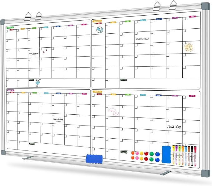 Dry Erase Board Calendar Whiteboard 60" x 40", 4 Month Large Magnetic Whiteboard for Wall Calendar Dry Erase Board Wall Mounted Board White Board Planner for Office Home and School
