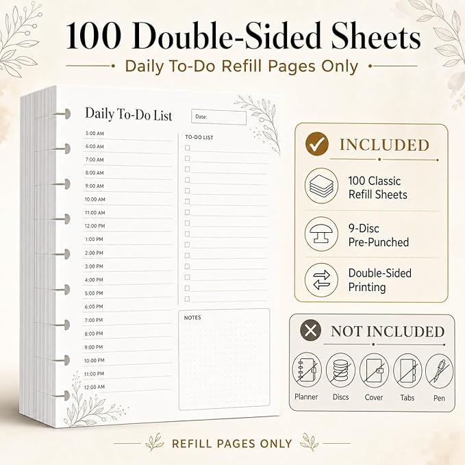 Classic 9-Disc Daily To Do List Planner Inserts, Discbound Undated Planner Refill Pages with Hourly Schedule, Checklist & Notes, 100 Double-Sided Sheets, 7 x 9.25 in
