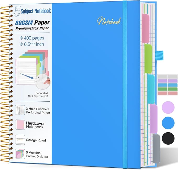 5 Subject Notebook College Ruled,80GSM Paper Thick Hardcover Spiral Notebook Lined Journal with Removable Dividers Tabs,400pages 8.5"x11" Paper Large Notebooks for School Work,3-Hole Punched, Blue