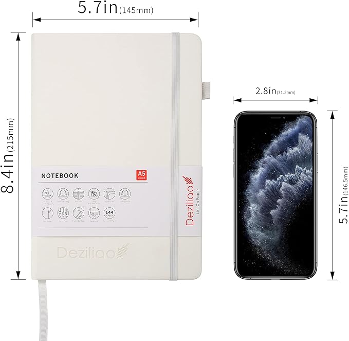 Lined Journal Notebooks with Pen Loop, Hardcover Notebook Journal for Work, 100Gsm Premium Thick Paper with Inner Pocket, Medium 5.7"x8.4", （White, Ruled）