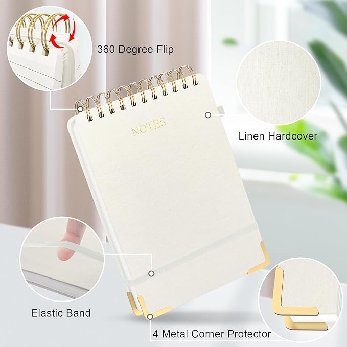 Aesthetic Top Spiral Notebook, A5 Linen Hardcover Top Bound Steno Pads, 240 Pages 100gsm Thick Lined Paper Left Handed Notebook Journal for Work, School, Church Writing - Beige, 5.9" x 8.5"