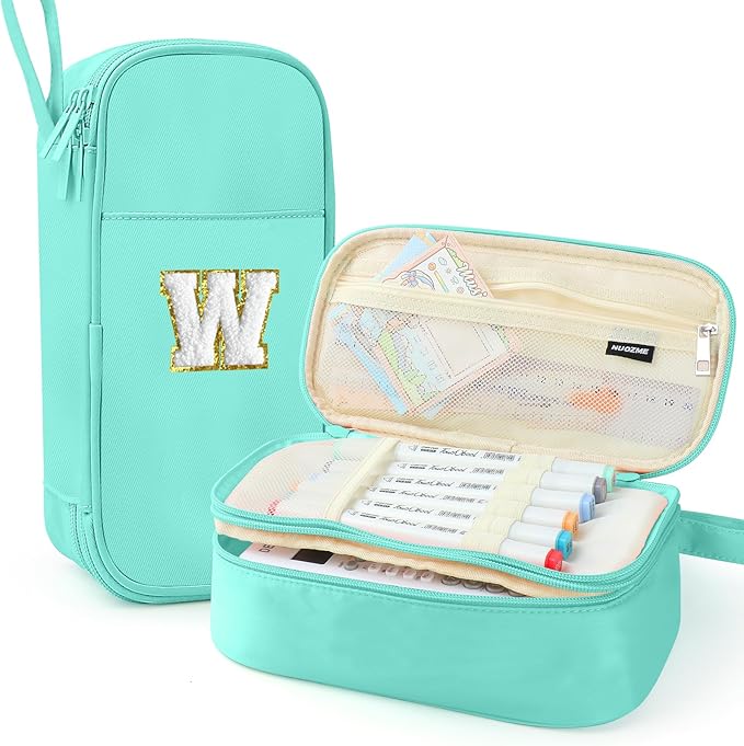 Large Pencil Case,Big Capacity Pencil Pouch,Personalized Initial Pencil Bag with smooth zipper,Multiple Pockets,Cute Aesthetic Stationery Pen Case Bag for Teen Girls College (Mint Green, W)