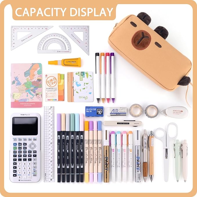 CICIMELON Cartoon Pencil Case, Large Capacity Pen Pouch with Embroidered Animal Design, School Supplies Bag for Kids, Teens, Students (Brown Capybara)