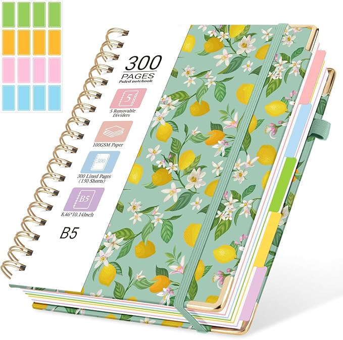 Hardcover Spiral Journal Notebook, 300 Pages 5 Subject Notebook College Ruled with Removable Dividers Tabs, 8" x 10" Notebooks for Work, Spiral Ruled Lined Writing Journal Hardcover Leather Notebook for School (Lemons and Flowers, 8''x 10'')