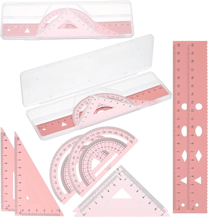PATIKIL Geometry Set, 2 Pack 8 Inch Aluminum Ruler & 4 Triangles, Metal Protractor Ruler Math Drafting Measuring Tool for Home Office Math Drawing Engineering Art,Gradient Pink