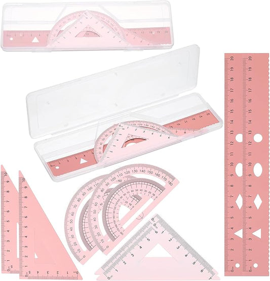 PATIKIL Geometry Set, 2 Pack 8 Inch Aluminum Ruler & 4 Triangles, Metal Protractor Ruler Math Drafting Measuring Tool for Home Office Math Drawing Engineering Art,Gradient Pink