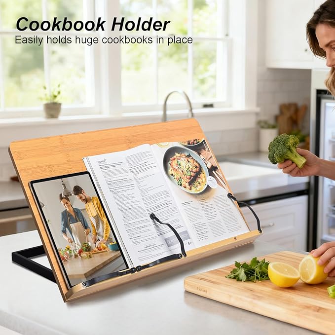 wishacc 24" Oversized Large MDF Wooden Book Stand & Holder for Reading Hands Free for Large Books in Bed,Cookbook,Textbook,Law,with 8 Adjustable Height Laptop Stand