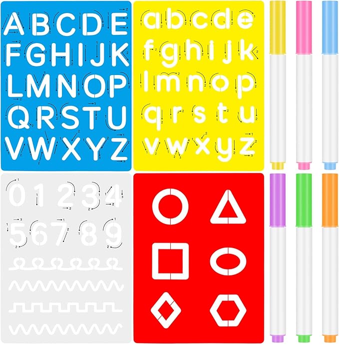 Gersoniel 10 Pieces Preschool Letters and Numbers Alphabet Stencils Colorful Double Sided Tracing Board PET Paint Boards with Craft Markers Marker Paint Pens Preschool Learning Toys
