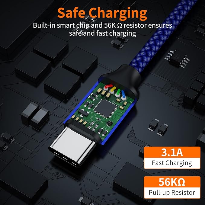 JXMOX USB Type C Cable (6.6ft 2-Pack), USB-A to USB C 3A Fast Charging Cord Compatible with iPhone 15 16 Pro Max, Samsung Galaxy S22 S21 S20 Ultra S10 S9 S8, Note 10 9 8 A80 A70, USB C Charger (Blue)