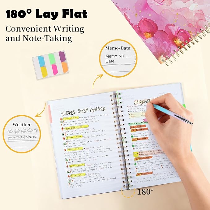 5 Subject Notebook College Ruled, A5 Spiral Notebook with Removable Pocket Dividers Tabs, Lined Organizer Notebook Journal for Women, 240 Pages Notebooks for Work School Note Taking, Pink Floral