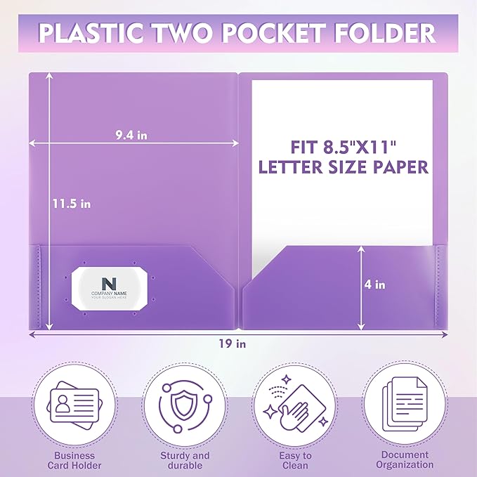 pmybupo 25Pack Purple Plastic Folders with Pockets,Durable Heavy Duty File Folders with Business Card Slot,2-Pocket Folder for Kids,Home,School,Office