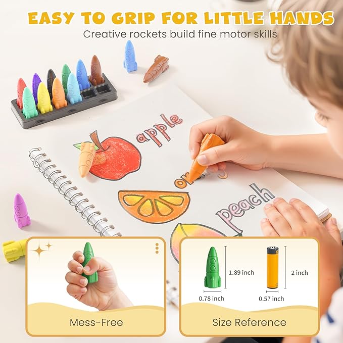 JUPITEARTH 12 Colors Crayons for Toddlers, Non-Toxic Washable Rocket Crayons, Easy-to-Hold Coloring Gifts & Mess-Free Art Supplies for Little Hands