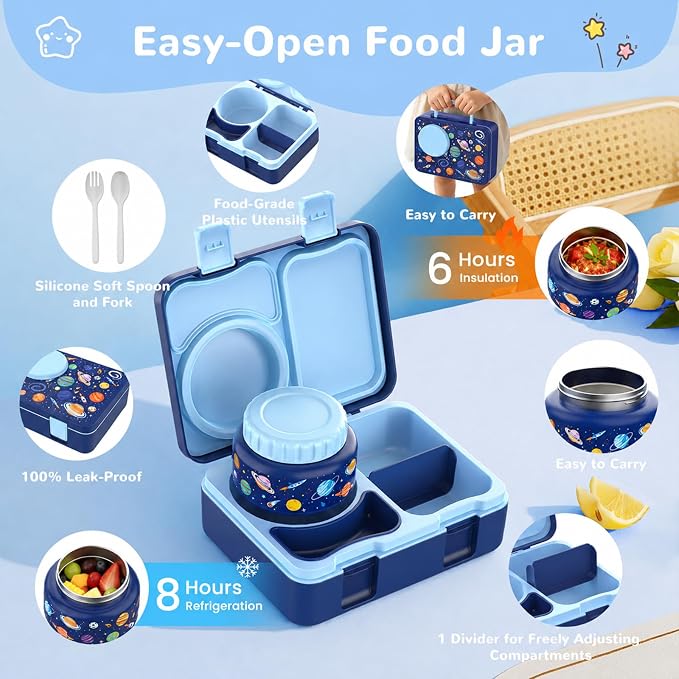 Kids Insulated Lunch Box with 8OZ Thermo Food Jar | Leakproof Bento Box with Ice Pack Sauce Cup Utensils Removable Tray & Dividers for School Daycare Travel, Space