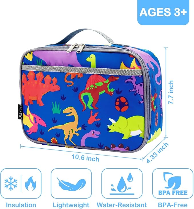 FlowFly Kids Lunch box Insulated Soft Bag Mini Cooler Back to School Thermal Meal Tote Kit for Girls, Boys, Dinosaur