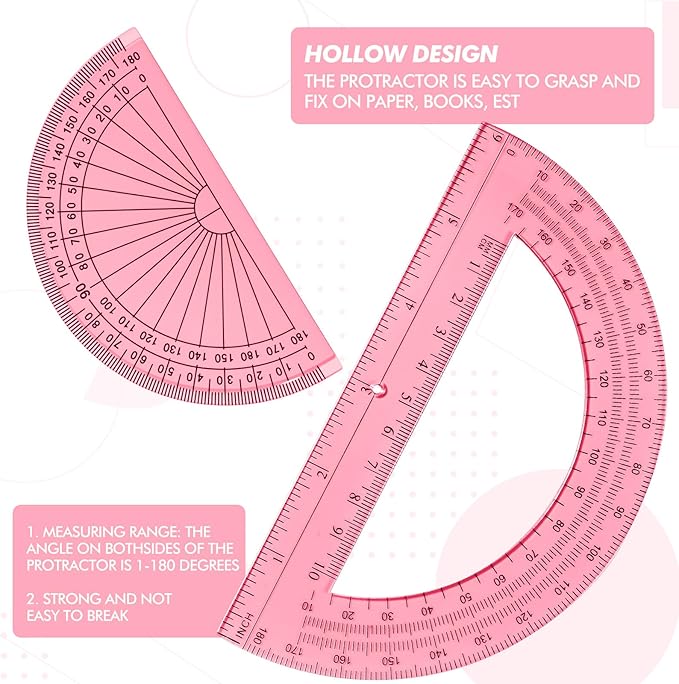 EBOOT 2 Pcs Plastic Protractor Clear 180 Degrees Transparent Protractor for Geometry, 4 Inch and 6 Inch(Light Pink)