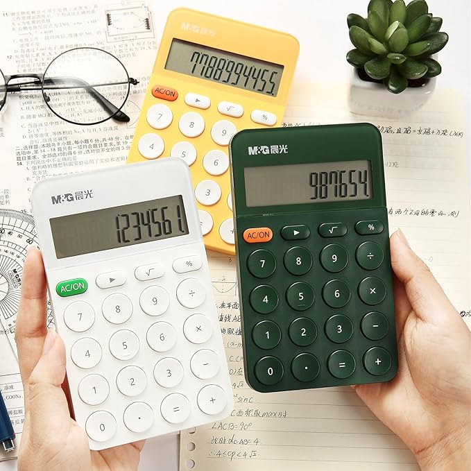 M&G Desk Calculator 12 Digit With Large LCD Display and Buttons, Automatic Sleep, Portable Cute for School Home Business Office, Battery Included (White)