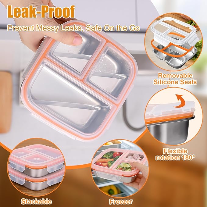 Palksky Lunch Box Containers Stainless Steel, Bento Lunch Box for Adults Men Women, 3-Compartments Metal Food Storage Containers with Leakproof Lids for Travel Picnics Office (2 Packs)