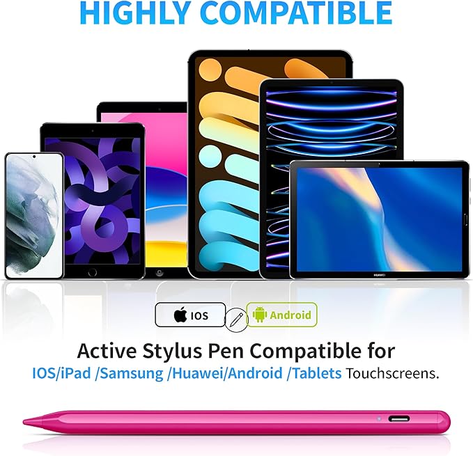 DRYMOKINI Pink Stylus Pen, Active Stylus Pen Touch Screens Compatible for Android and iOS Tablet/Phones, Rechargeable Universal Stylus Pencil Compatible for A-pple/i-Pad/Phone Tablet