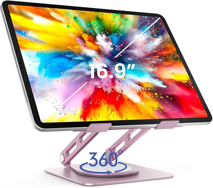 Metal Tablet Stand, 360 Rotating iPad Stand with Heavy-Duty Base, Tablet Holder Compatible With 4.0-16.9" Device, 2025 iPad Pro Air Mini, Kindle, Surface Tablet, Portable Monitors - Purplish Pink