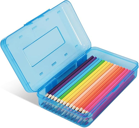 Colored Plastic Pencil Box, Large Capacity Pencil Case, Pencil Boxs for Kids Adults, Hard Crayon Box Storage with Snap-Tight Lid for School Office Supplies (Blue)