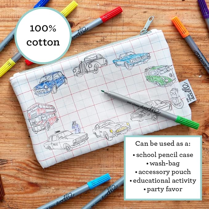 eatsleepdoodle DIY Coloring Cars & Tracktors Pencil Case for Kids with 10pcs Washable Markers, Reusable Art Supply Organizer, Fun Arts & Crafts Activity for Boys & Girls, Creative Gift Idea for Ages