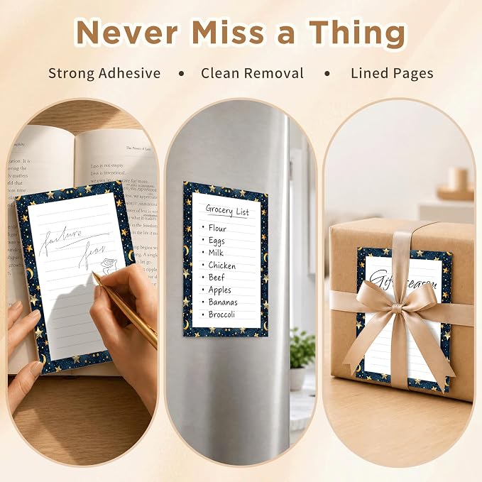 Lined Sticky Notes 4x6 in, 2 Pack Large Cute Notepads with Lines, Bright Post Memo Note Pads Big Rectangular Sticky Notes for Office Gold Stars Moon