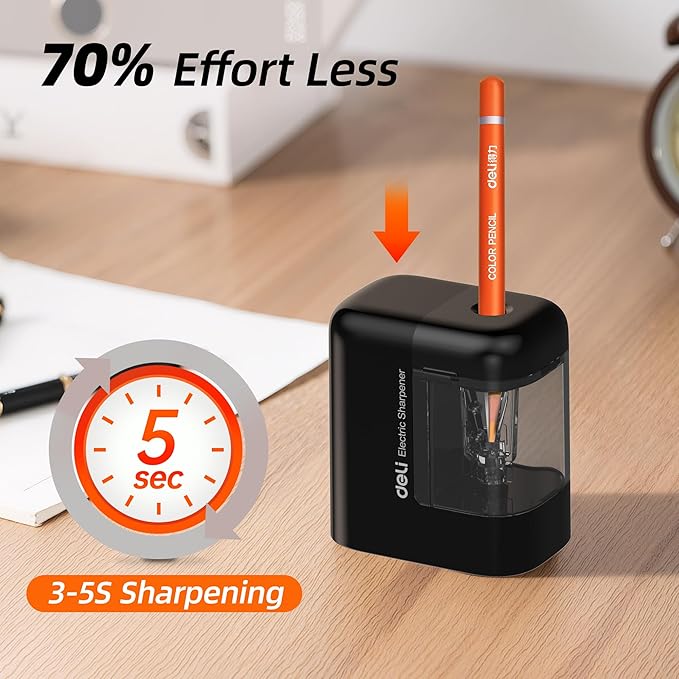 deli Electric Pencil Sharpener, Portable Pencil Sharpener for No.2 Pencils Colored Pencils, Battery Powered Electric Pencil Sharpener for School, Home, Office, Black