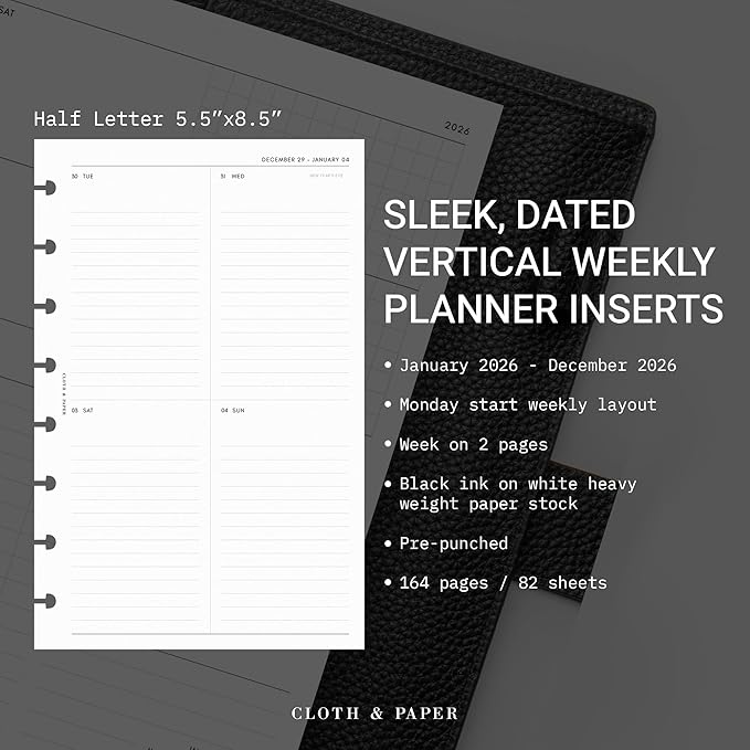 Cloth & Paper 2026 Dated Weekly Planner Inserts - Monday Start | Half Letter Size 5.5 x 8.5 Inches | 8 Discbound Punch Vertical Weekly Layout, 214 Dated Pages | Minimal Agenda Refill