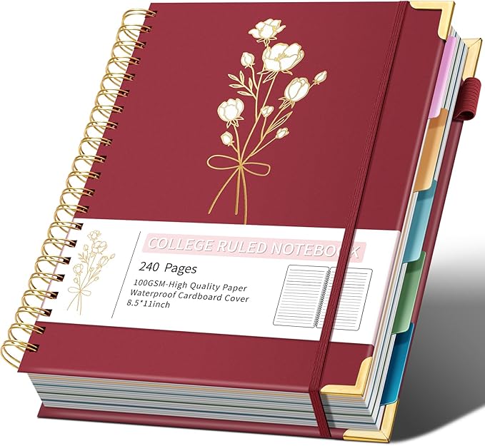 Hardcover Spiral Notebooks 8.5" X 11" Note Taking 5 Subject Notebook College Ruled with Dividers 240 Pages 100GSM Aesthetic Spiral Notebook for Work School Cute Journals for Women Writing, Red