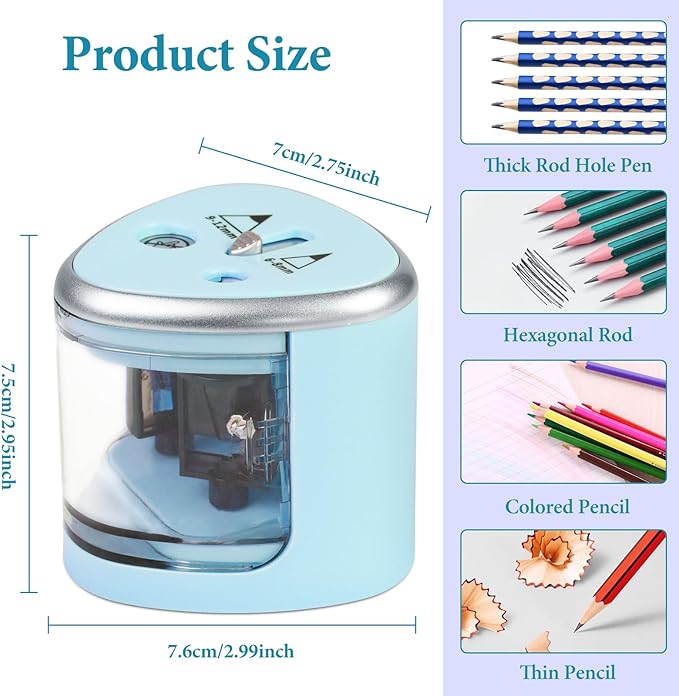 AUAUY Electric Pencil Sharpener with Double Hole, Battery Operated Automatic Sharpener with 2 Extra Knife Holders, for 6-8mm/9-12mm Standard Pencils, Colored Pencils, and Makeup Pencils（Blue）